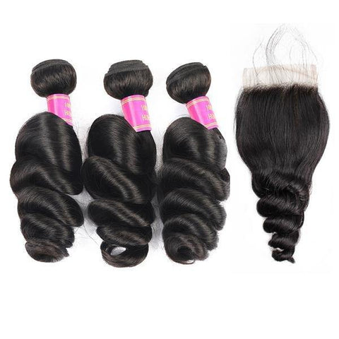 Brazilian Loose Wave Virgin Human Hair 3 Bundles with 4*4 Lace Closure - MeetuHair