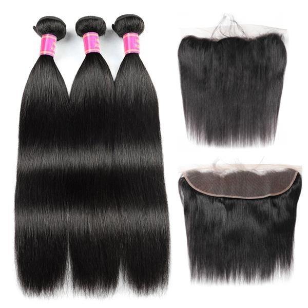 Brazilian Virgin Straight Human Hair 3 Bundles with 13*4 Lace Frontal - MeetuHair