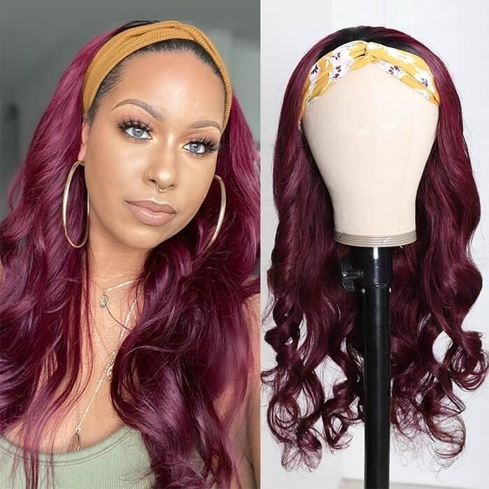 Burgundy Body Wave Hair Headband Wig Affordable Natural Hair Half Wigs - MeetuHair