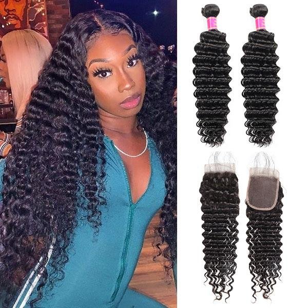 Closure With Bundles Deep Wave Hair 2 Bundles With 4x4 Lace Closure - MeetuHair