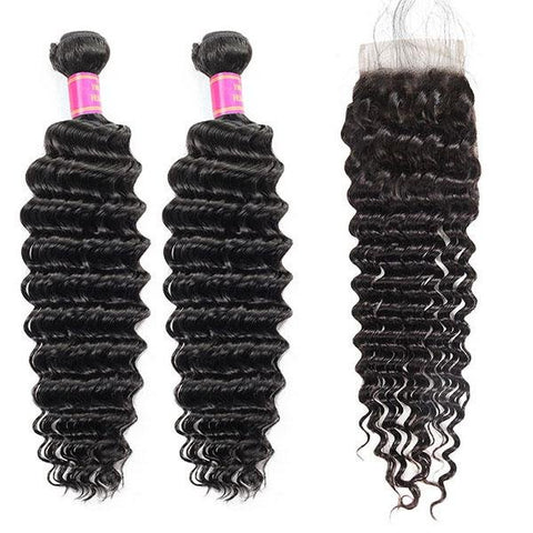 Closure With Bundles Deep Wave Hair 2 Bundles With 4x4 Lace Closure - MeetuHair