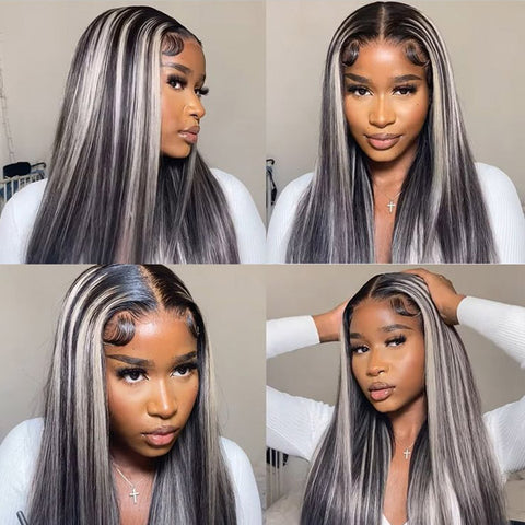 Highlight Grey Straight Hair 13x4 Lace Front Wig Colored Human Hair Wigs