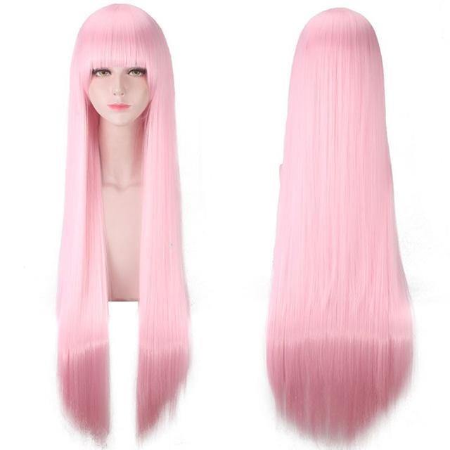 Crazy Pink Wig 28 inch Long Straight Hair Wig with Bangs Synthetic Halloween Wig - MeetuHair