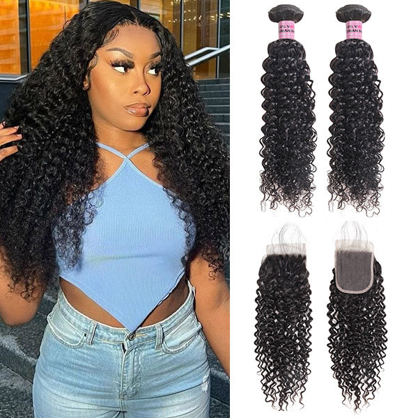 Curly Hair Bundles With Closure 2 Bundles With 4x4 Lace Closure