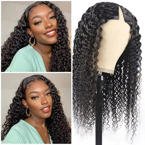 V Part Wig Curly Wave Human Hair Beginner Friendly Wigs