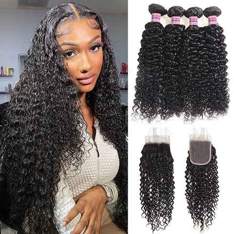Brazilian Curly Human Hair 4 Bundles With 4*4 Lace Closure 10A Remy Virgin Hair Weave