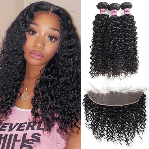 Meetu Hair Peruvian Curly Virgin Human Hair 3 Bundles with 13x4 Lace Frontal