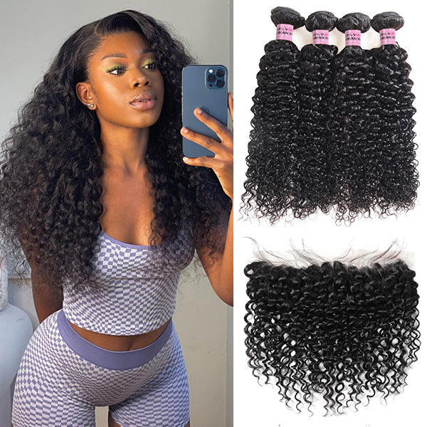 Brazilian Curly Hair 4 Bundles with 13*4 Lace Frontal 10A Virgin Human Hair Weave with Frontal