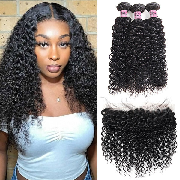 Curly Wave 3 Bundles With 13x4 Lace Frontal Closure Human Hair