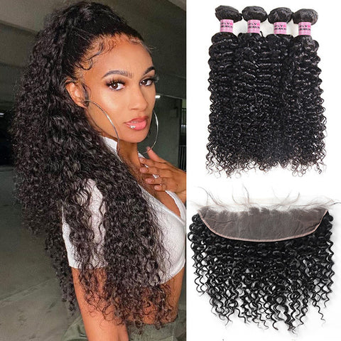 Peruvian Curly Hair 4 Bundles with 13*4 Lace Frontal 10A Virgin Remy Hair