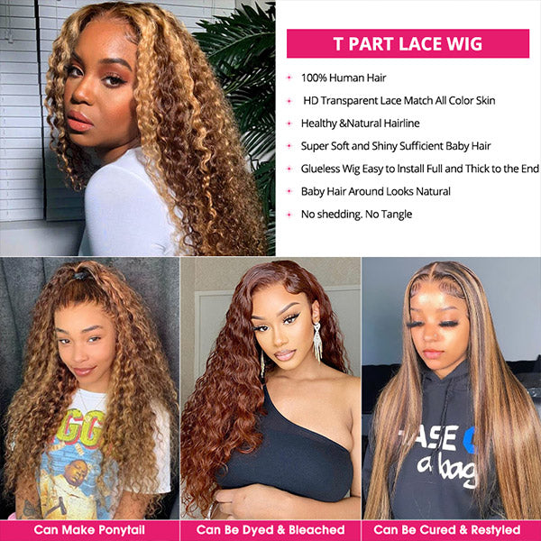 T Part Wig Deep Wave Hair Highlight Wig Human Hair Lace Front Wigs