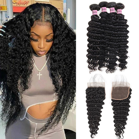 10A Peruvian Deep Wave Virgin Human Hair 4 Bundles With 4*4 Lace Closure