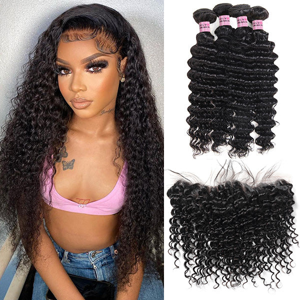 10A Deep Wave 4 Bundles with 13*4 Lace Frontal Virgin Brazilian Human Hair Weave