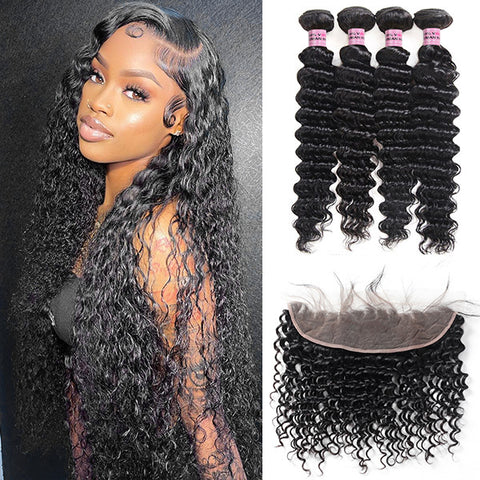 10A Peruvian Deep Wave Virgin Human Hair 4 Bundles with 13*4 Lace Frontal