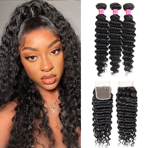Meetu Hair Peruvian Deep Wave Virgin Human Hair Weave 3 Bundles with 4x4 Lace Closure