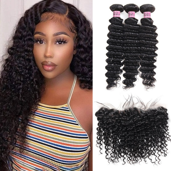 Meetu Hair Peruvian Deep Wave Virgin Human Hair 3 Bundles with 13*4 Lace Frontal
