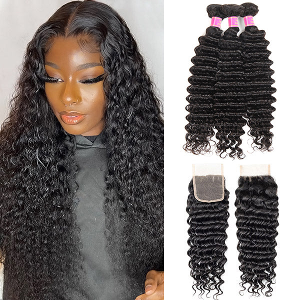 Brazilian Deep Wave Virgin Human Hair 3 Bundles with 4x4 Lace Closure