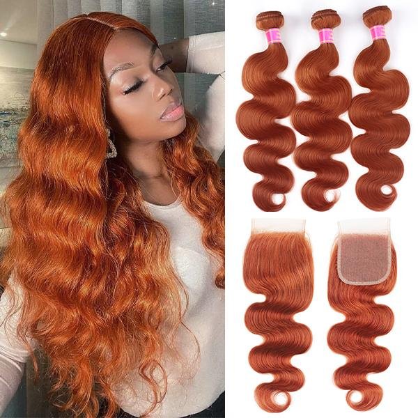 Ginger Color Body Wave Hair 3 Bundles with 4x4 Lace Closure - MeetuHair