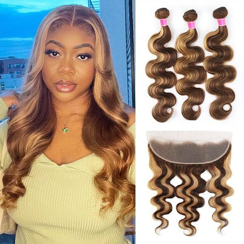 Highlight Color Body Wave Hair 3 Bundles with 13x4 Lace Frontal - MeetuHair
