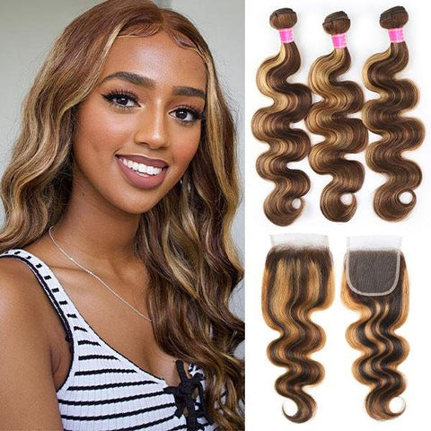 Highlight Color Body Wave Hair 3 Bundles with 4x4 Lace Closure - MeetuHair