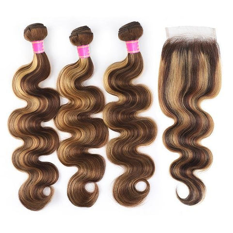 Highlight Color Body Wave Hair 3 Bundles with 5x5 Lace Closure - MeetuHair