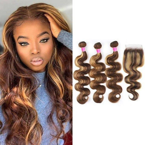 Highlight Color Body Wave Hair 3 Bundles with 5x5 Lace Closure - MeetuHair