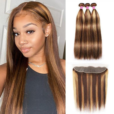 Highlight Color Straight Hair 3 Bundles with 13x4 Lace Frontal - MeetuHair