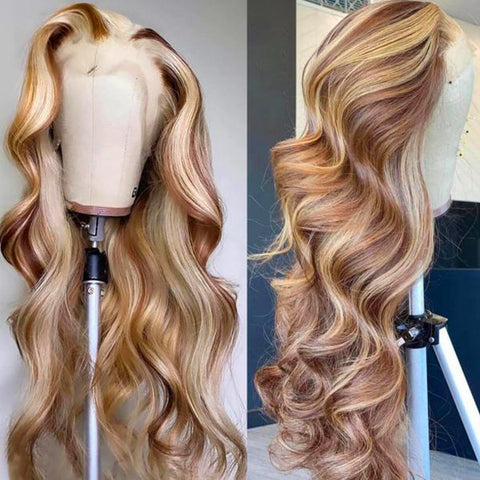 P4/613 Brown With Blonde Highlight Wig Body Wave Human Hair 13x4 HD Transparent Lace Front Wigs