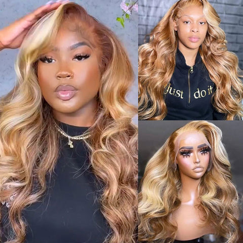 P4/613 Brown With Blonde Highlight Wig Body Wave Human Hair 13x4 HD Transparent Lace Front Wigs