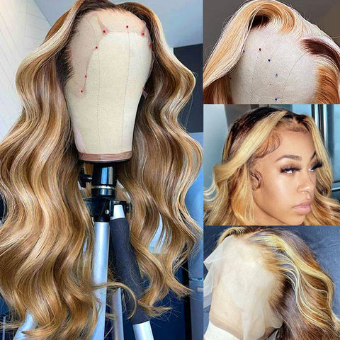 P4/613 Brown With Blonde Highlight Wig Body Wave Human Hair 13x4 HD Transparent Lace Front Wigs