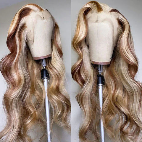 P4/613 Brown With Blonde Highlight Wig Body Wave Human Hair 13x4 HD Transparent Lace Front Wigs
