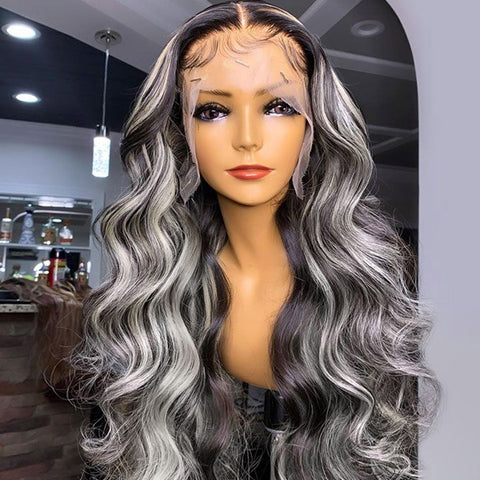 Platinum Blonde Grey Highlights Body Wave Lace Front Wigs 13x4 Frontal Human Hair Wigs
