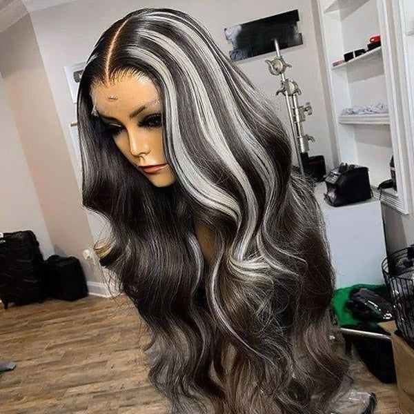 Platinum Blonde Grey Highlights Body Wave Lace Front Wigs 13x4 Frontal Human Hair Wigs