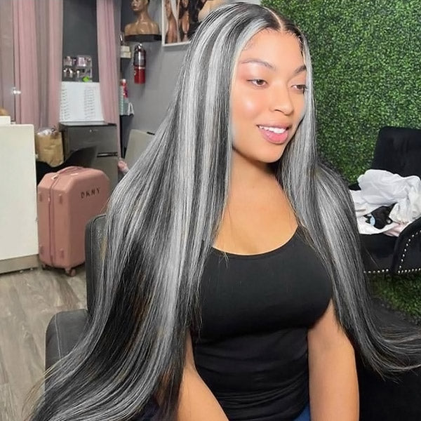 Highlight Grey Straight Hair 13x4 Lace Front Wig Colored Human Hair Wigs