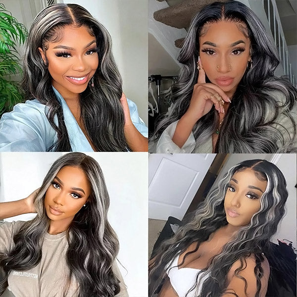 Platinum Blonde Grey Highlights Body Wave Lace Front Wigs 13x4 Frontal Human Hair Wigs