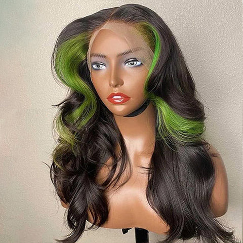 Highlight Green Skunk Stripe Wigs Body Wave 13x4 Lace Front Human Hair Wigs