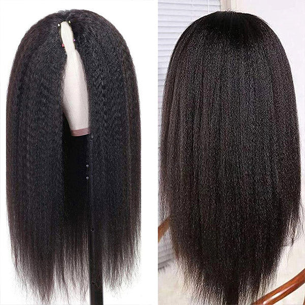 Glueless V Part Human Hair Wig Kinky Straight Free Part Wigs