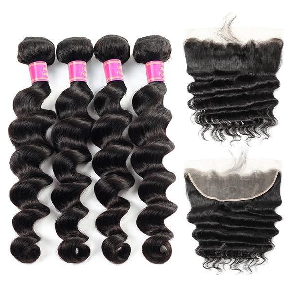 Loose Deep Wave 4 Bundles with 13*4 Lace Frontal 10A Brazilian Virgin Human Hair - MeetuHair