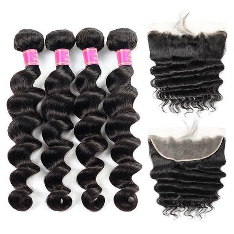 Loose Deep Wave 4 Bundles with 13*4 Lace Frontal 10A Brazilian Virgin Human Hair - MeetuHair