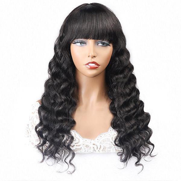 Loose Deep Wave Wig 100% Virgin Hair Machine Made Wigs With Bangs - MeetuHair