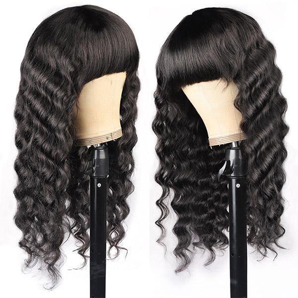 Loose Deep Wave Wig 100% Virgin Hair Machine Made Wigs With Bangs - MeetuHair