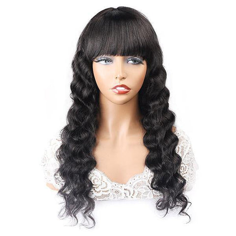 Loose Deep Wave Wig 100% Virgin Hair Machine Made Wigs With Bangs - MeetuHair