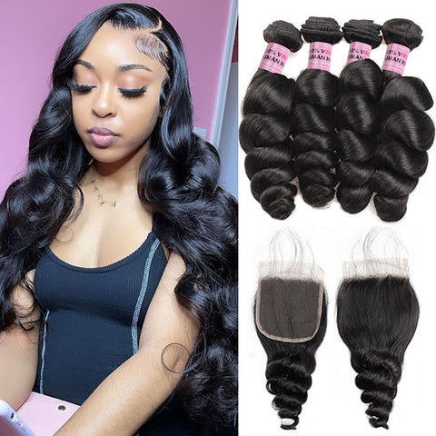 Loose Wave Brazilian Human Hair 4 Bundles With 4*4 Lace Closure 10A Remy Virgin Hair