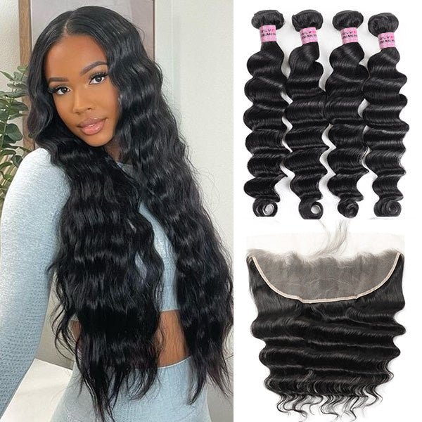 Loose Deep Wave 4 Bundles with 13*4 Lace Frontal 10A Brazilian Virgin Human Hair