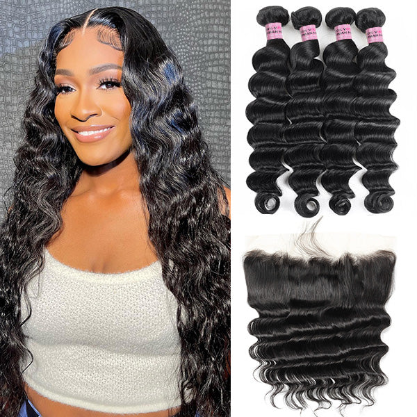 Peruvian Loose Deep Virgin Human Hair 4 Bundles with 13*4 Lace Frontal