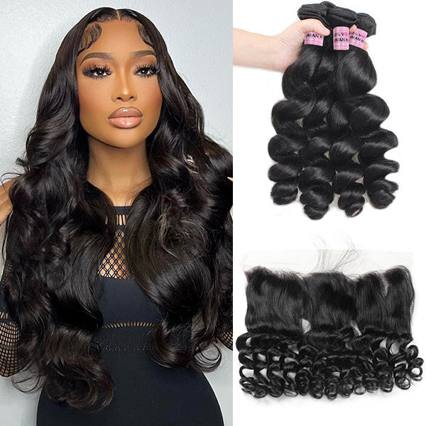 Brazilian Loose Wave Hair 4 Bundles with 13*4 Lace Frontal 10A Virgin Remy Human Hair Weave