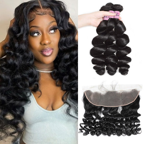 Loose Wave 3 Bundles with 13x4 Lace Frontal Virgin Brazilian Human Hair