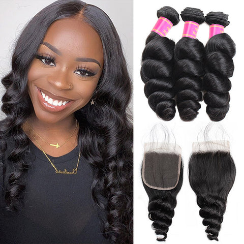 Brazilian Loose Wave Virgin Human Hair 3 Bundles with 4x4 Lace Closure