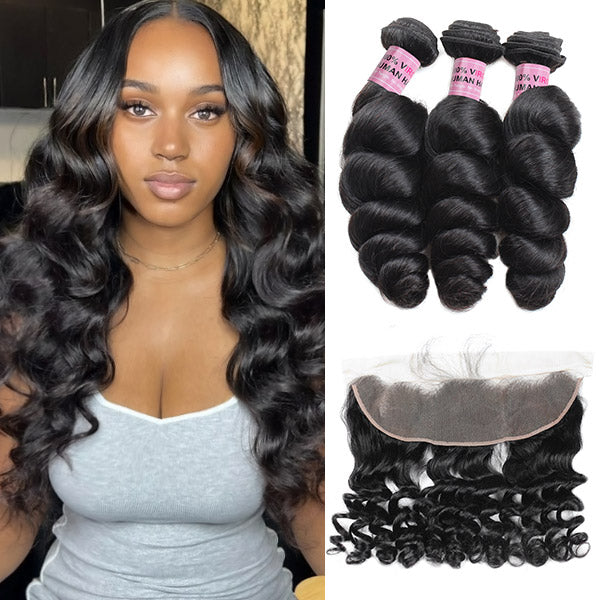 Meetu Hair Peruvian Loose Wave Virgin Human Hair 3 Bundles with 13*4 Lace Frontal