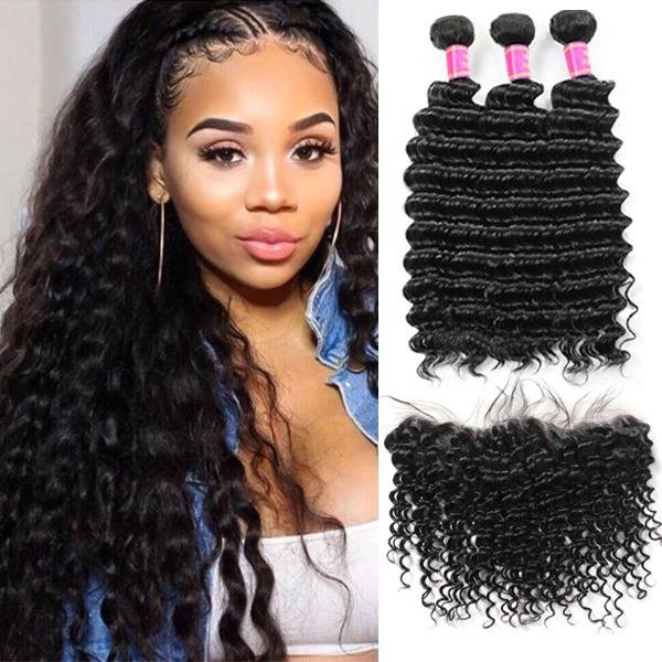 Meetu Hair Peruvian Deep Wave Virgin Human Hair 3 Bundles with 13*4 Lace Frontal - MeetuHair